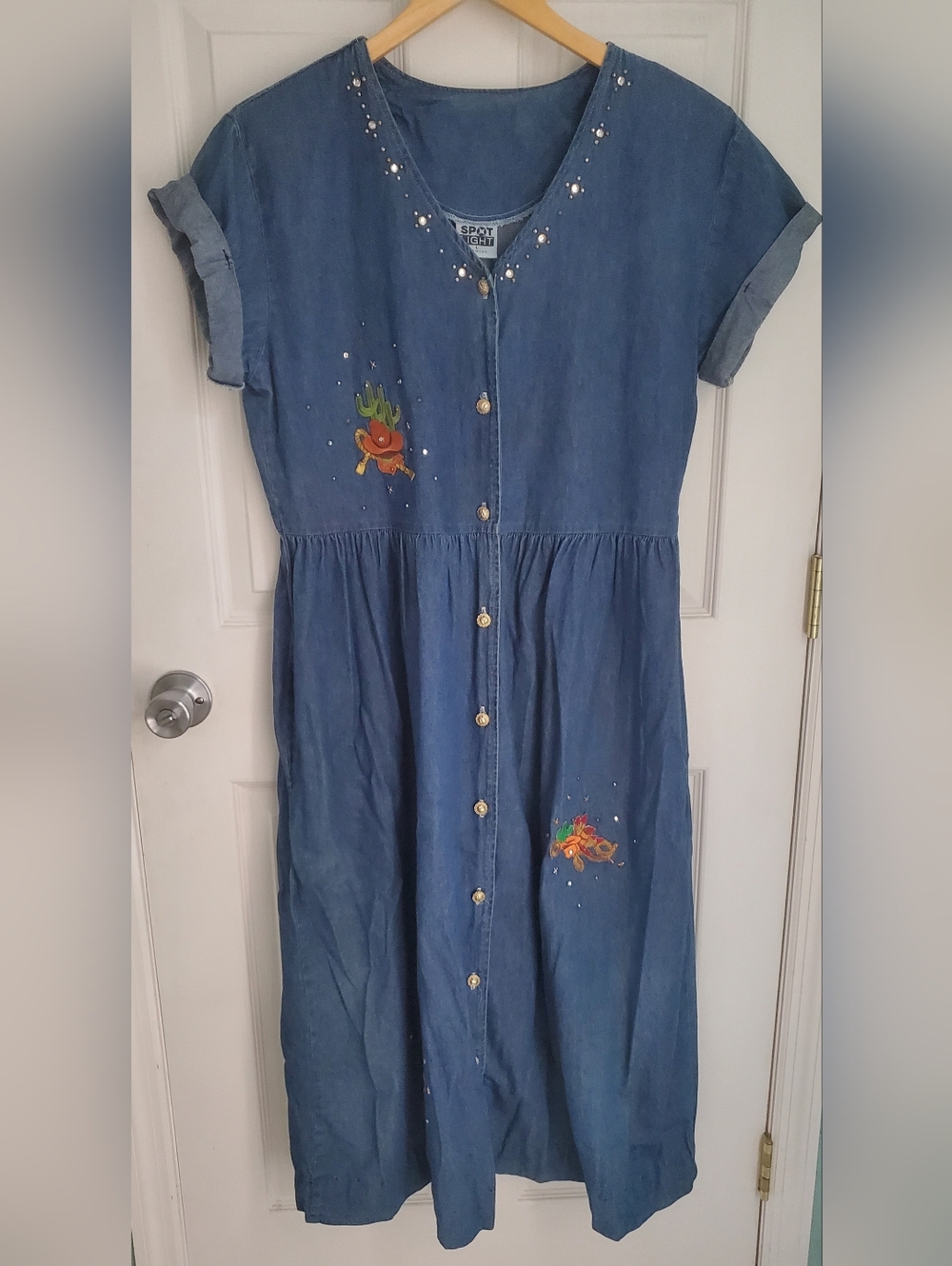 Vintage Denim Spot Light Embroidered Western Dress Size L Button Down Cowgirl